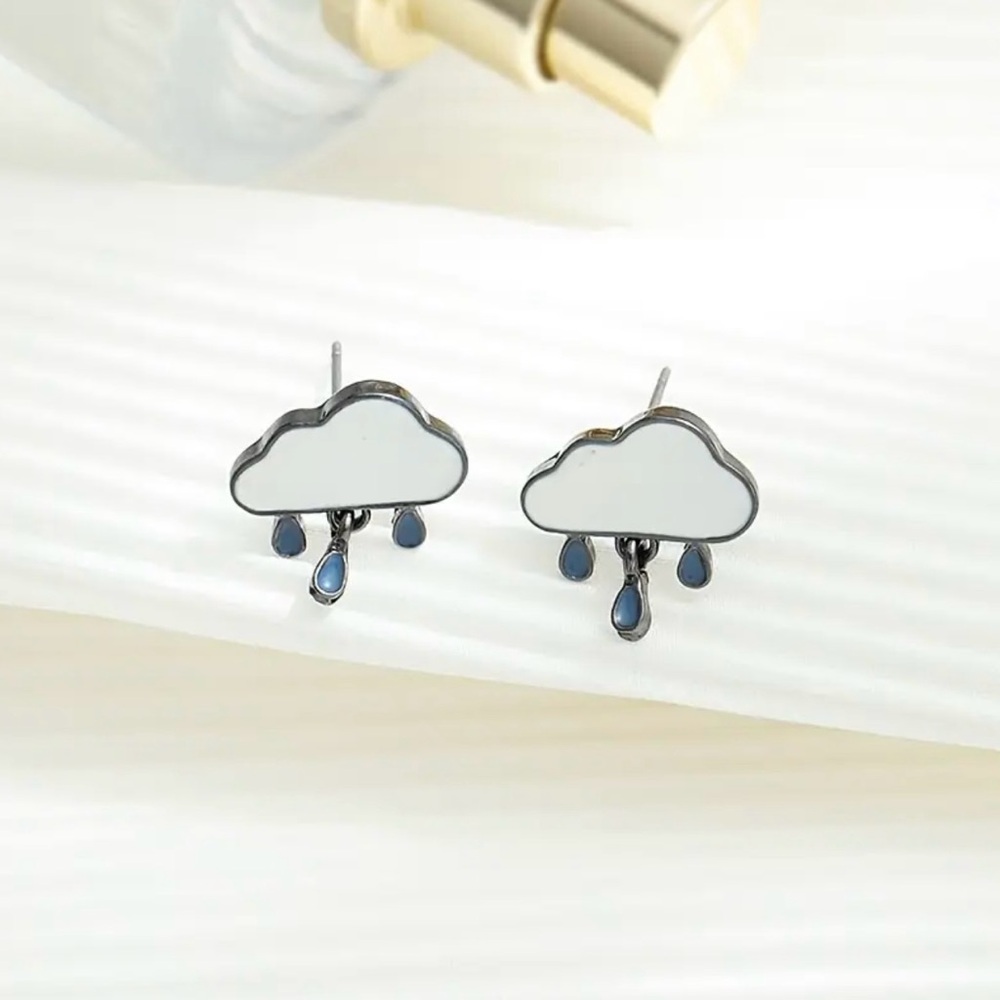 Stormy Skies- Rain Drop Cloud Blue White Enamel Dainty Mini Dangle Gunmetal Stud - Picture 10 of 14